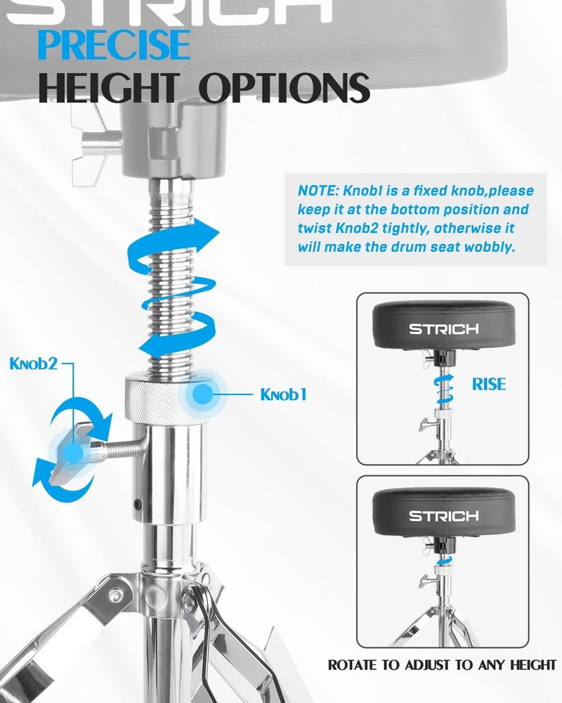 STRICH Drum Throne, Height Adjustable Padded Seat Drum Stool, Heavy Duty Swivel Drum Chair, Double Braced Padded Stool with 5A Drumsticks, SDB-20 - Image 4